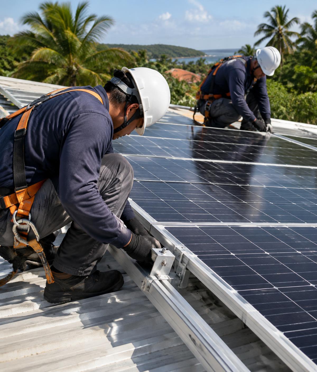 Técnicos instalando painéis solares com equipamento de segurança